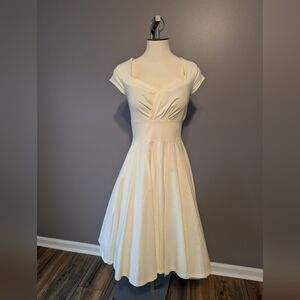 Elegant Cream Cap Sleeve Midi Dress, Pin Up Style